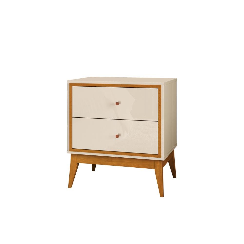 Mesa de Cabeceira com 2 Gavetas Pés em Madeira Maciça 58cm Arruna Off White/Cedro