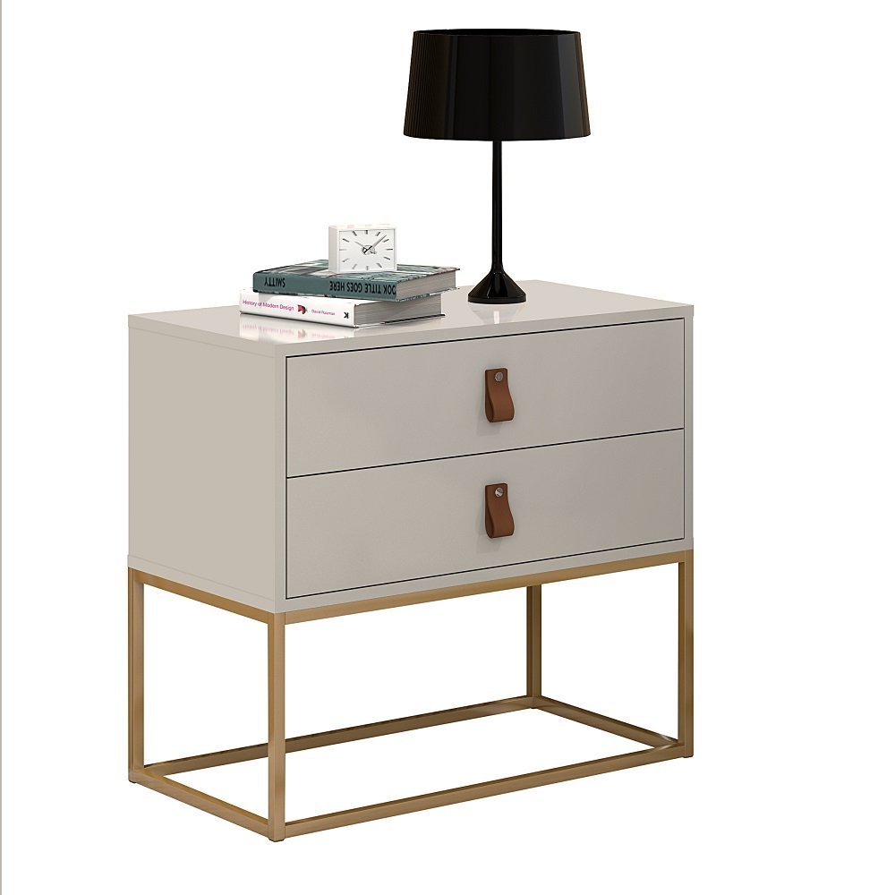 Mesa de Cabeceira Criado Unic 60cm 2 Gavetas para Quarto de Casal Off White Acabamento Brilhante OffWhite/Dourado
