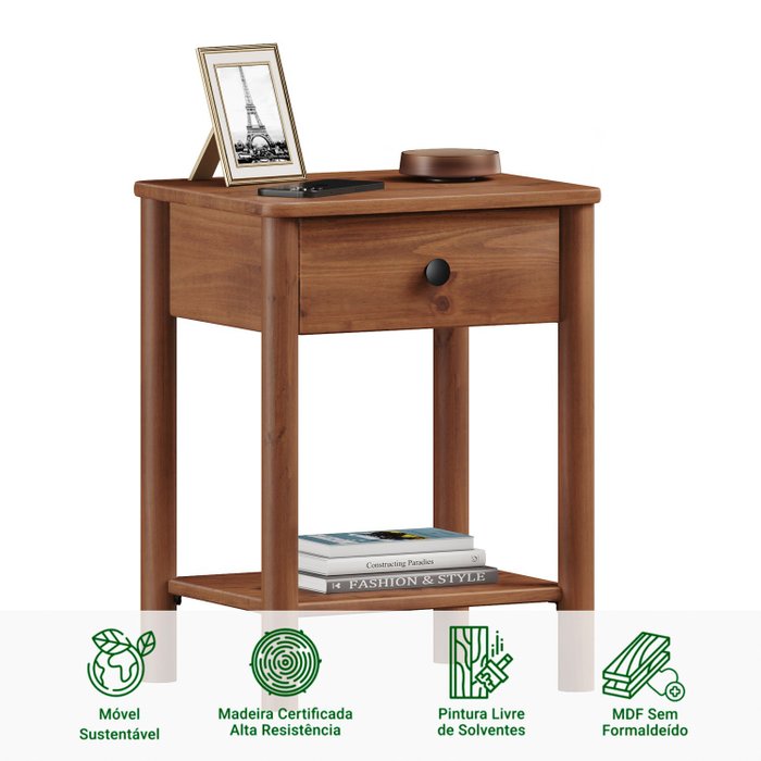 Mesa de Cabeceira Quarto Madeira 1 Gaveta Moderna Apoana Castanho Nogal