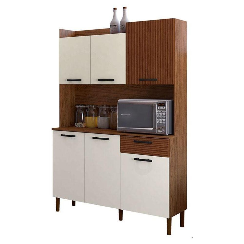 Kit Cozinha Ambiente Gênova 6 Portas Nogueira Off White Ripado - Kits Paraná